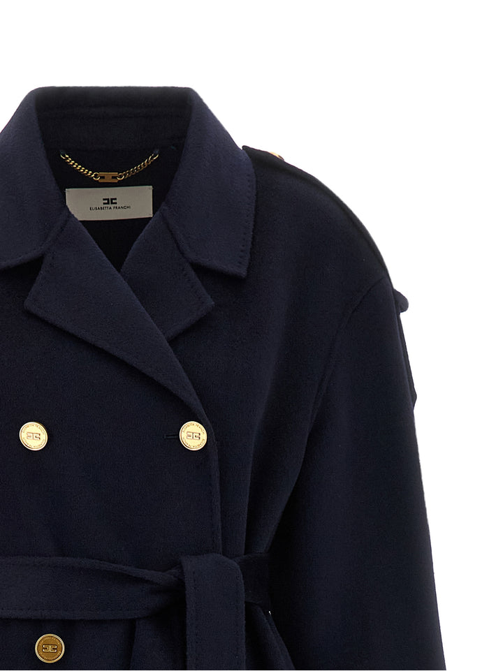 Elisabetta Franchi Double-Breasted Belted Coat Coats and Trench Coats - Blue | 05c0e87b3819b83dce5d21a4b0f91c8cbf108678
