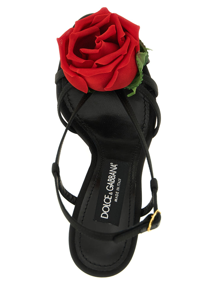 Dolce & Gabbana Satin  With Flower Sandals - Black | 6644fa38499c7ea0bd2119c2cda675d22b7f00e4