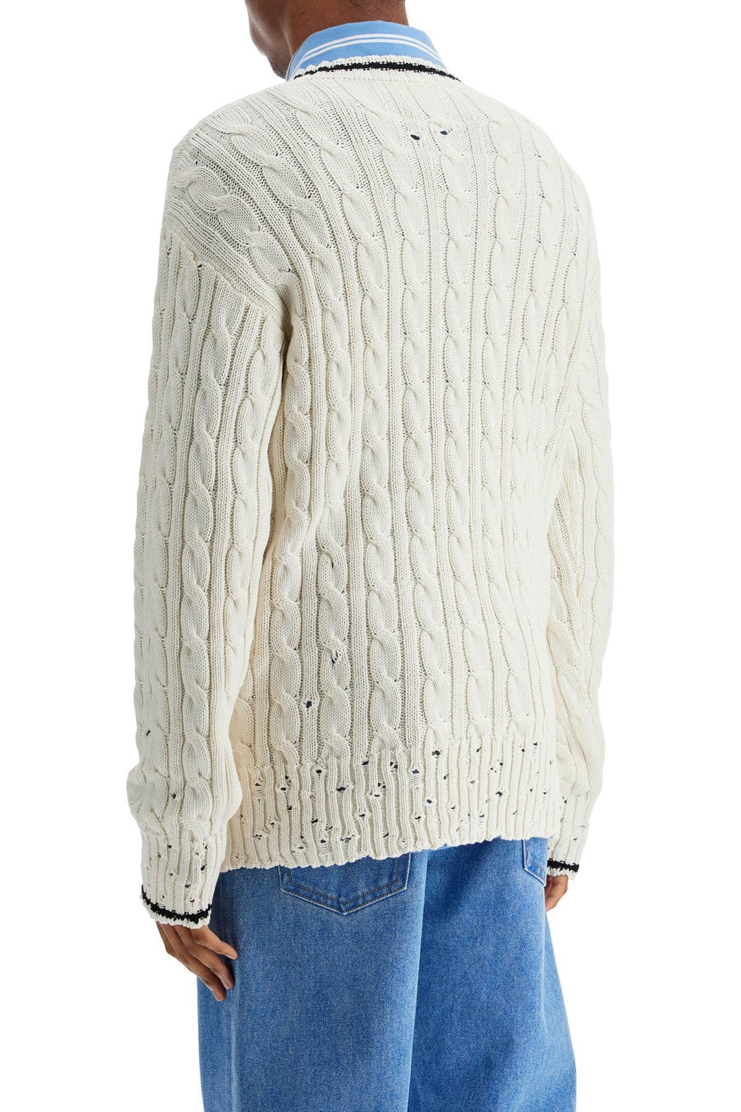 White Cotton Sweater With Cable Knit V Neck