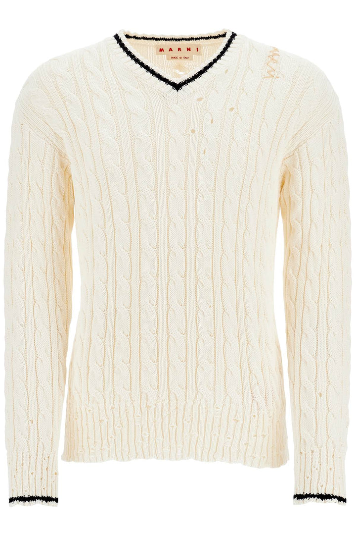 White Cotton Sweater With Cable Knit V Neck