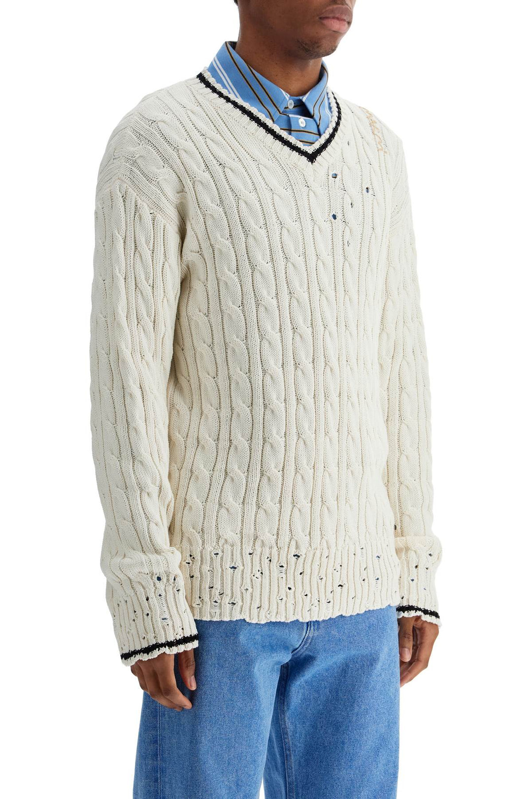 White Cotton Sweater With Cable Knit V Neck