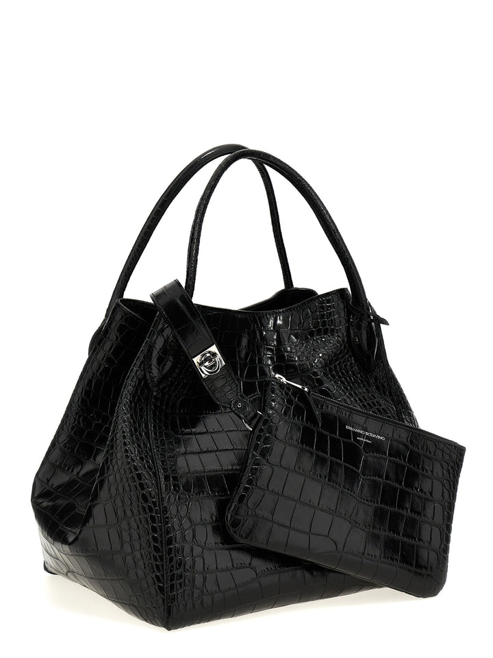 Crocodile Print Leather Shopping Bag Tote Bag Black