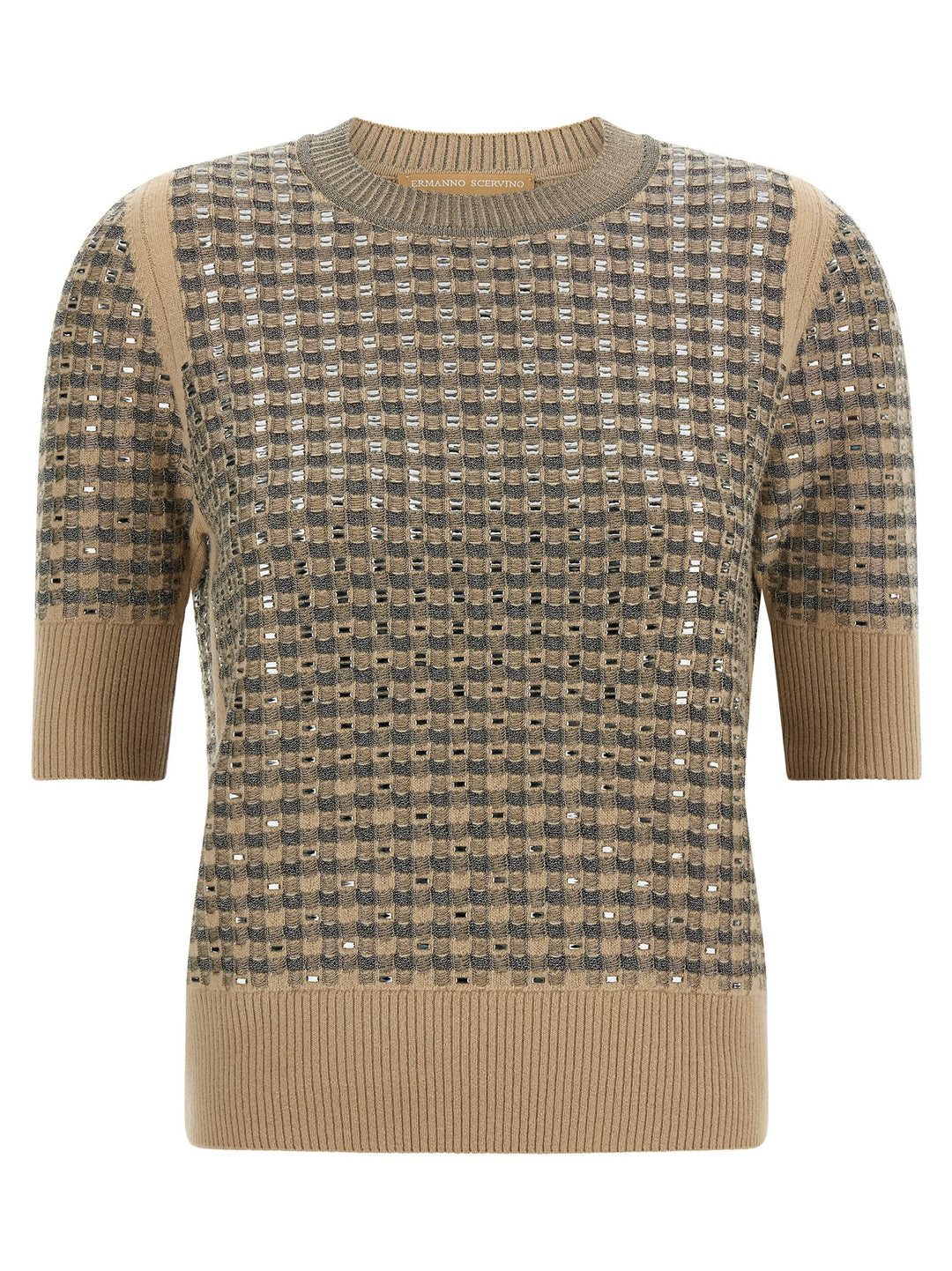 Ermanno Scervino Check Knit With Crystals T-shirt - Beige | e1834d711c6aefec607452f8df87b4fde957b7c7