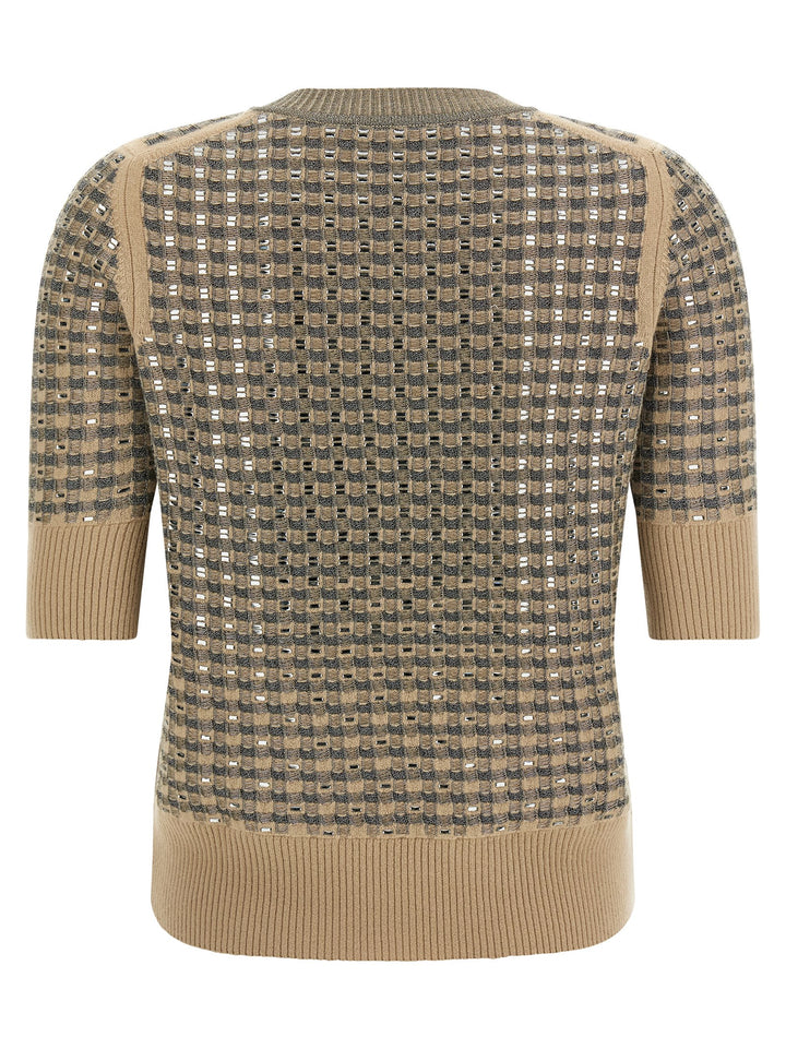 Ermanno Scervino Check Knit With Crystals T-shirt - Beige | ca15431e85cc70c85485a20a0ce43a344f7f6b26