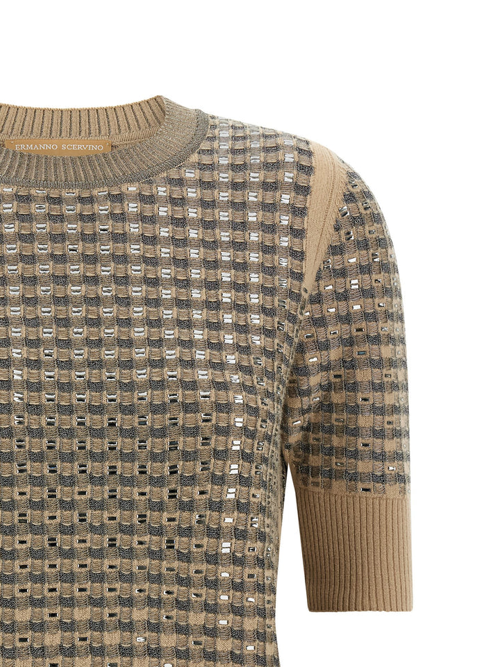 Ermanno Scervino Check Knit With Crystals T-shirt - Beige | f476b53c2256e5a556e9cc6452c2927c01ea60ac