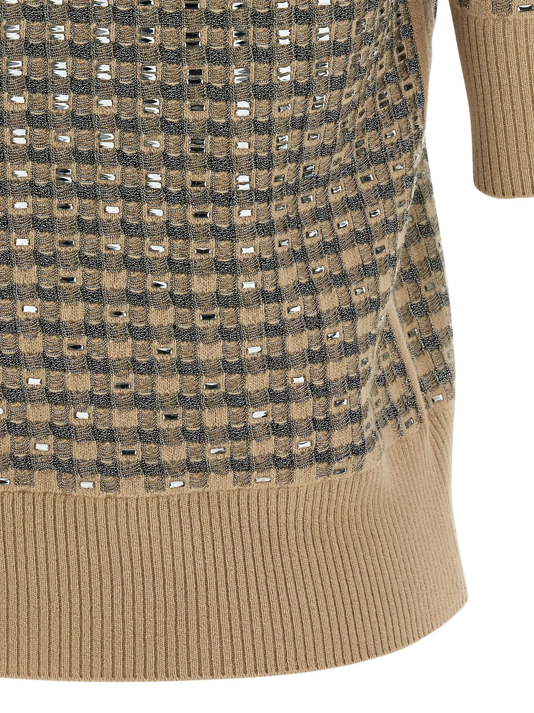 Ermanno Scervino Check Knit With Crystals T-shirt - Beige | 0141c8cea8f9eb2305ea96b3a7115e9eba434bed