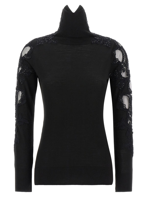 High Neck With Lace Inserts Sweaters And Cardigans Black