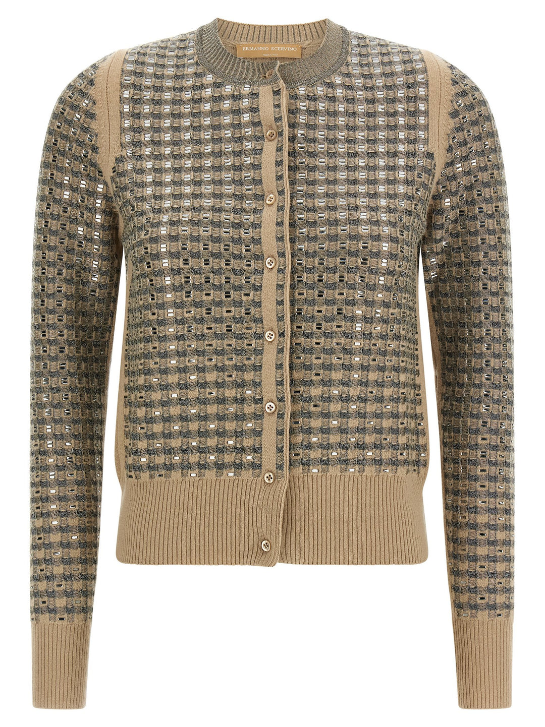 Ermanno Scervino Check Cardigan With Crystals Sweaters and Cardigans - Beige | 03db9f426f0d091f175e236f5b9007bf0a70cd9a