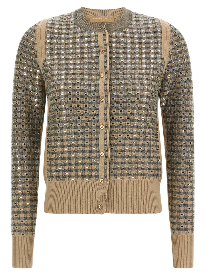 Ermanno Scervino Check Cardigan With Crystals Sweaters and Cardigans - Beige | 03db9f426f0d091f175e236f5b9007bf0a70cd9a