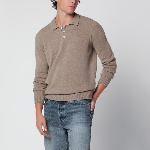 Beige Mélange Polo Sweater In Wool