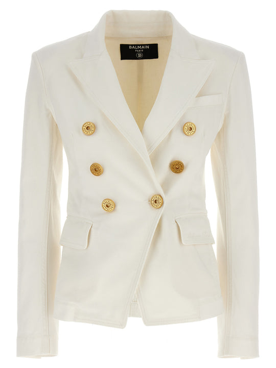 Double-Breasted Denim Blazer Blazers White