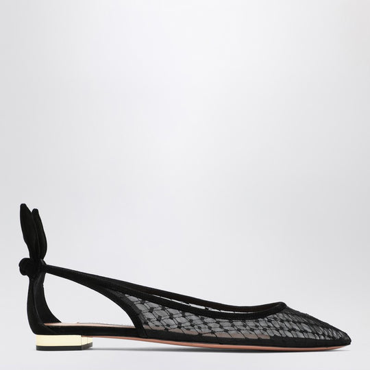 Black Mesh And Suede Ballerinas With Bow