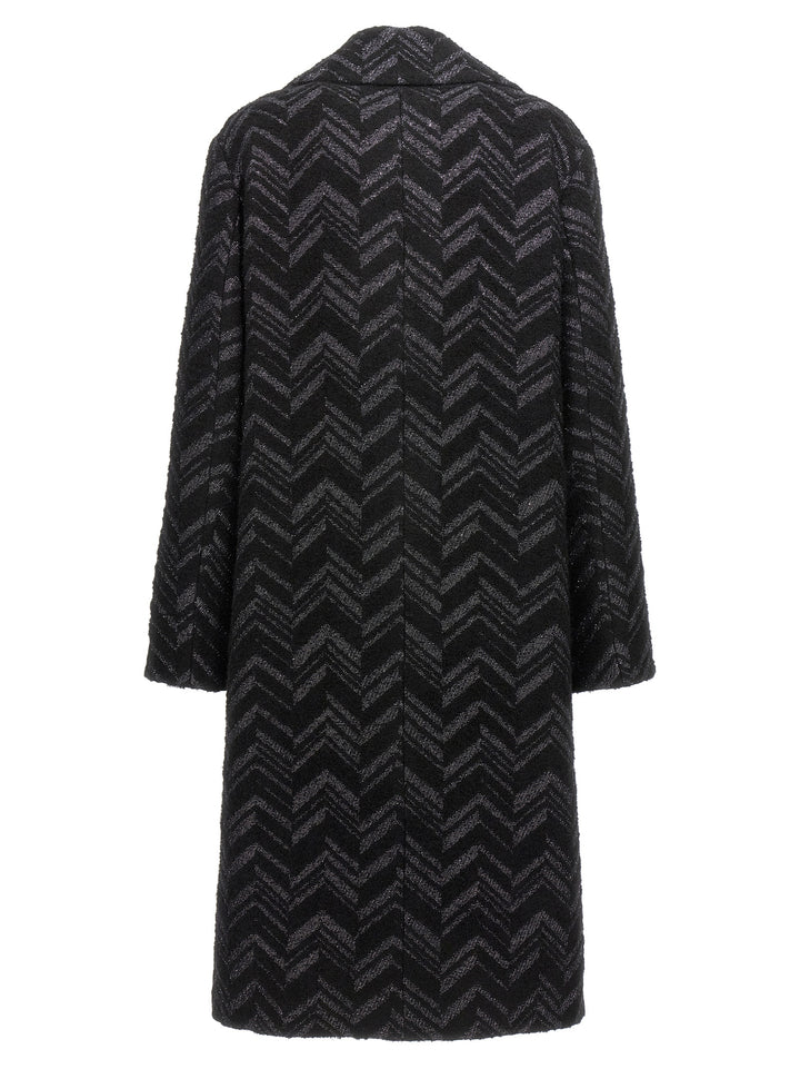 Single-Breasted Chevron Lamé Coat Coats, Trench Coats Black