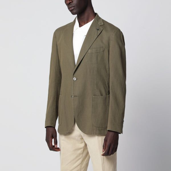 Olive Green Slim-Fit Single-Breasted Linen Blazer