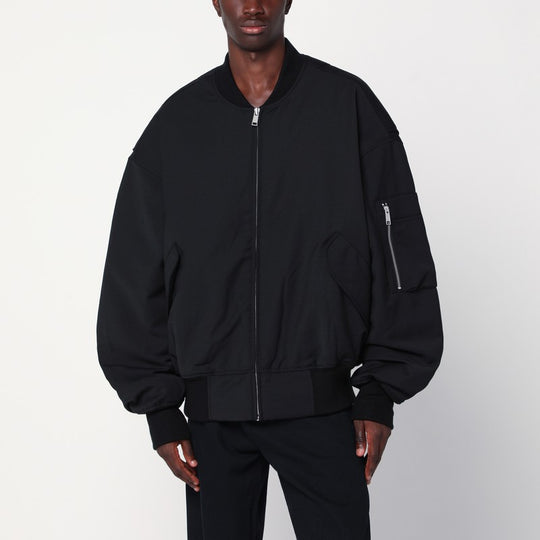 Black Zip-Up Bomber Jacket In Wool Blend