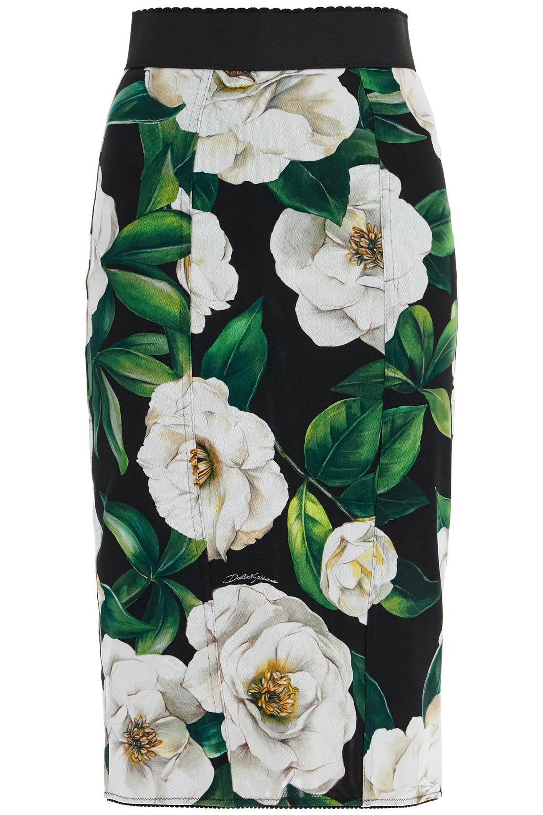 Black Floral Synthetic Knee Length Skirt