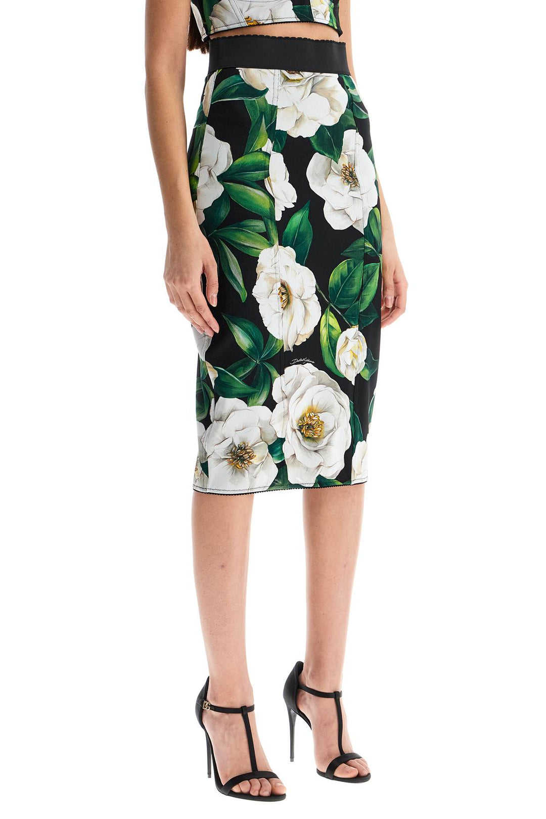 Black Floral Synthetic Knee Length Skirt