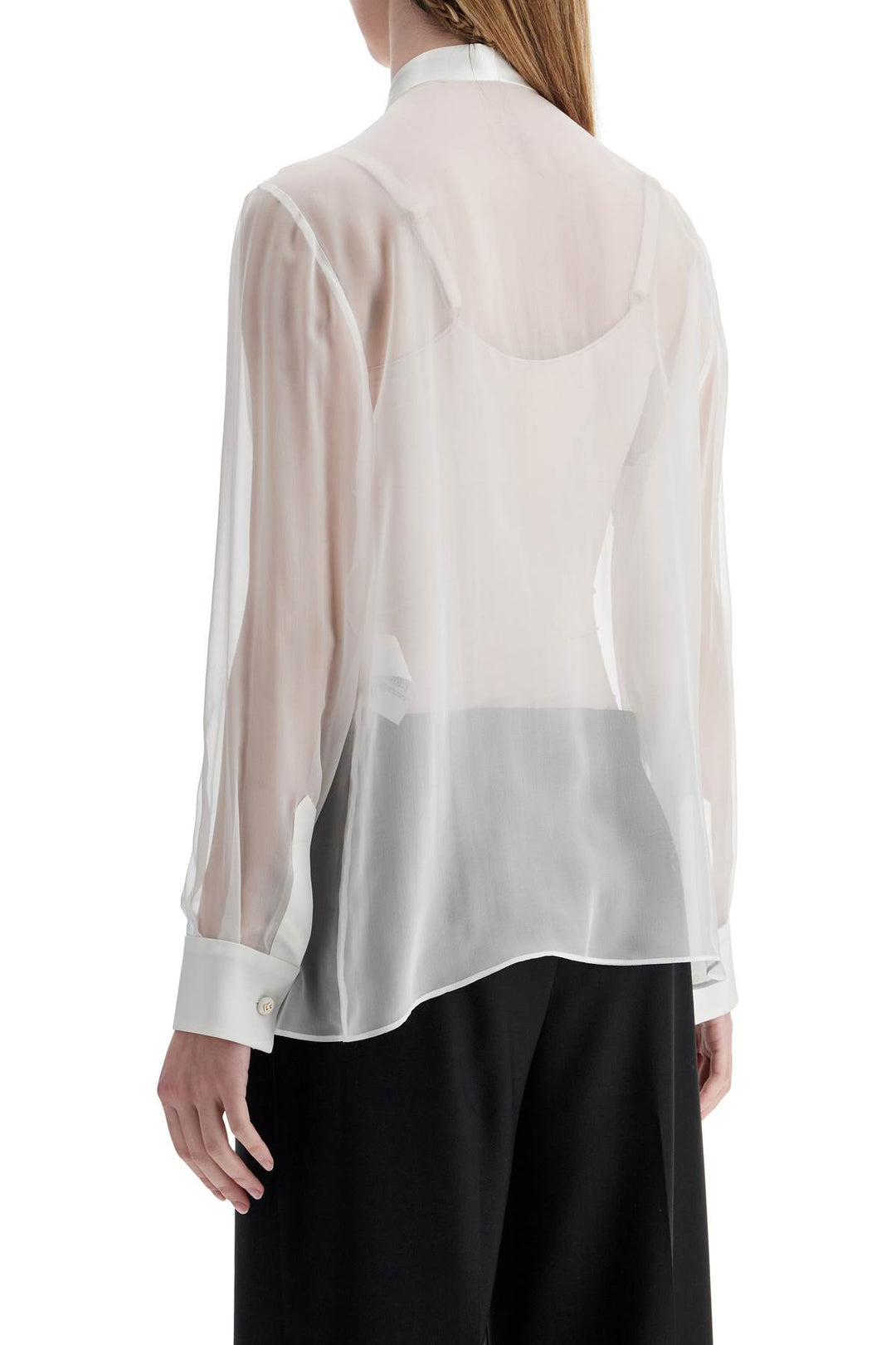 Optical White Silk Shirt With Mandarin Collar