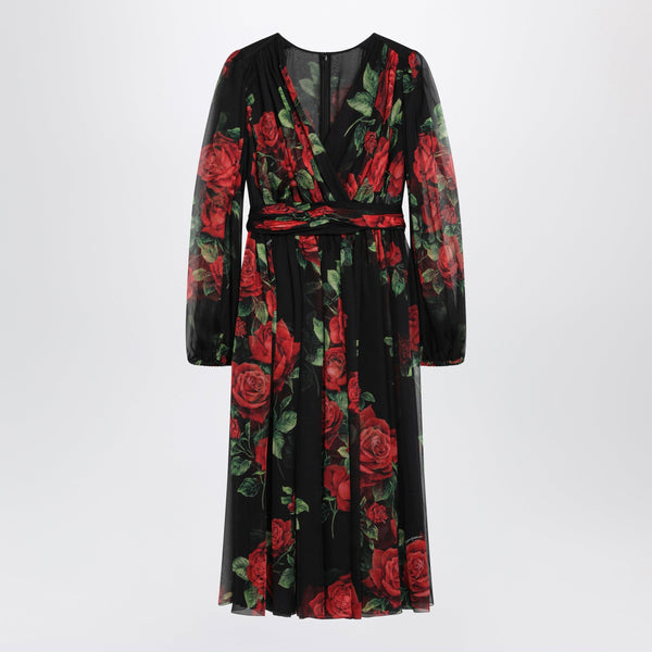 Black Dress With Rose Print In Silk Chiffon
