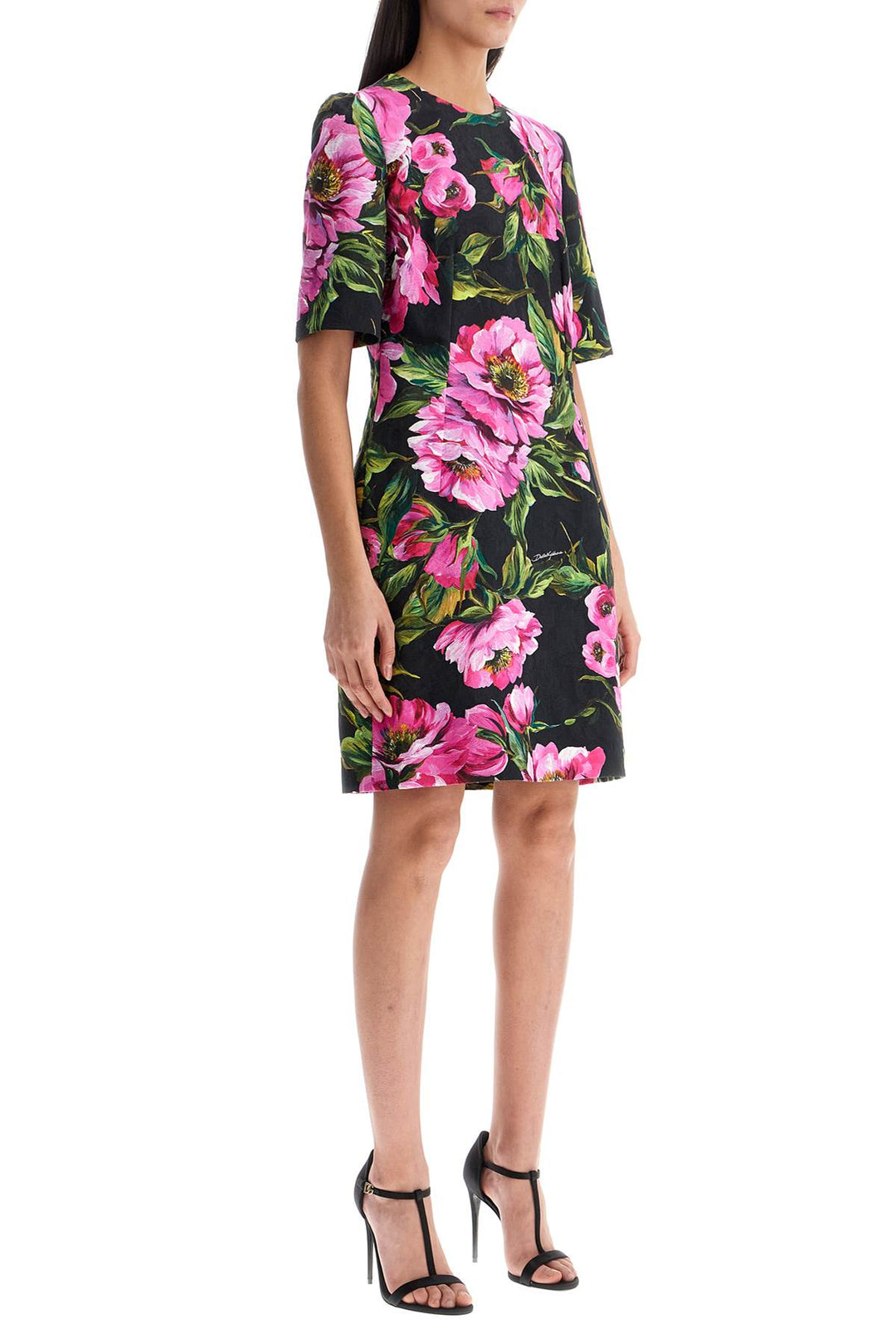 Black Floral Cotton Dress With Peonies