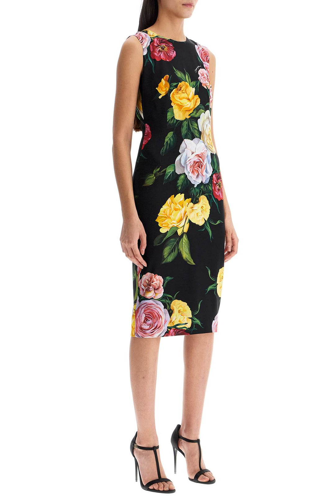 Elegant Black Floral Silk Dress Knee Length