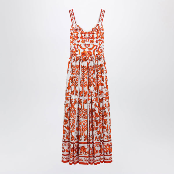 Maiolica-Print Poplin Maxi Dress In Orange Cotton