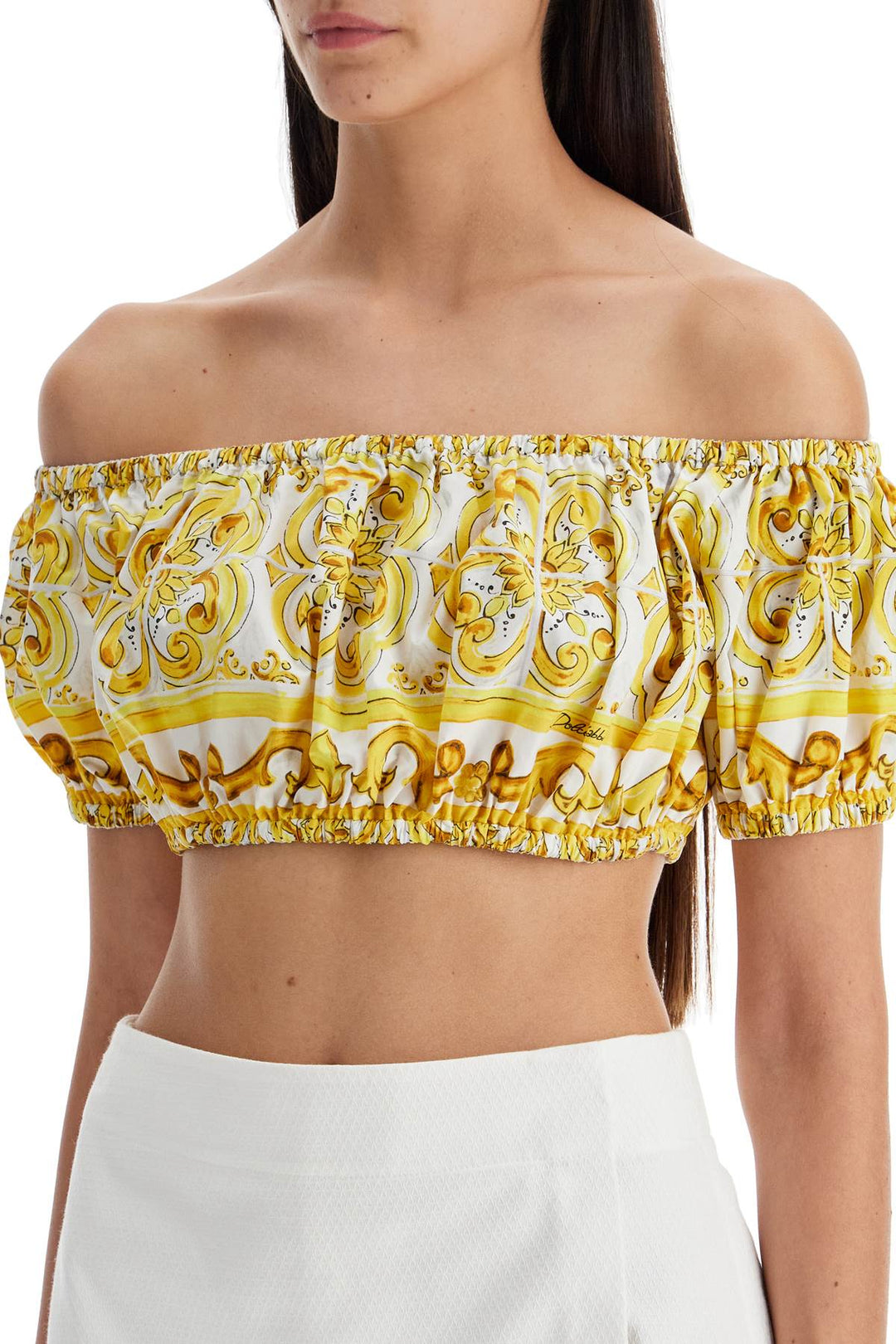 Crop Top In Popeline Stampa Maiolica