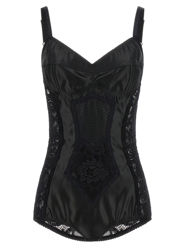 Satin And Lace Corsetry Bodysuit Tops Black