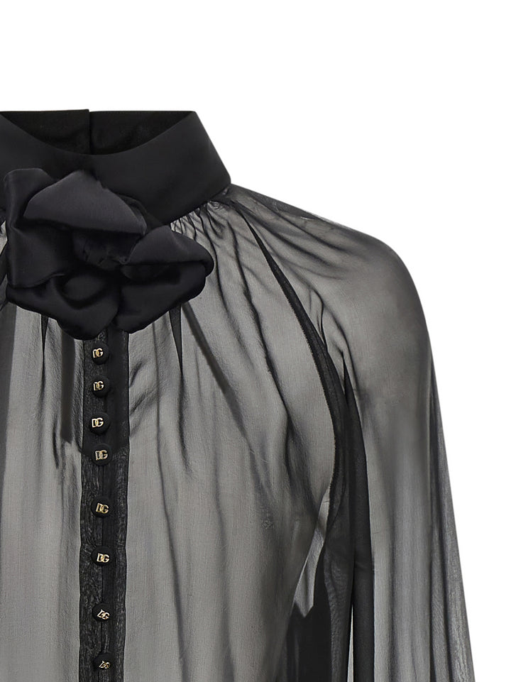 Dolce & Gabbana Chiffon Blouse With Flower Shirt and Blouse - Black | 03f8409da411a930a30589659d97b703f2caecf6