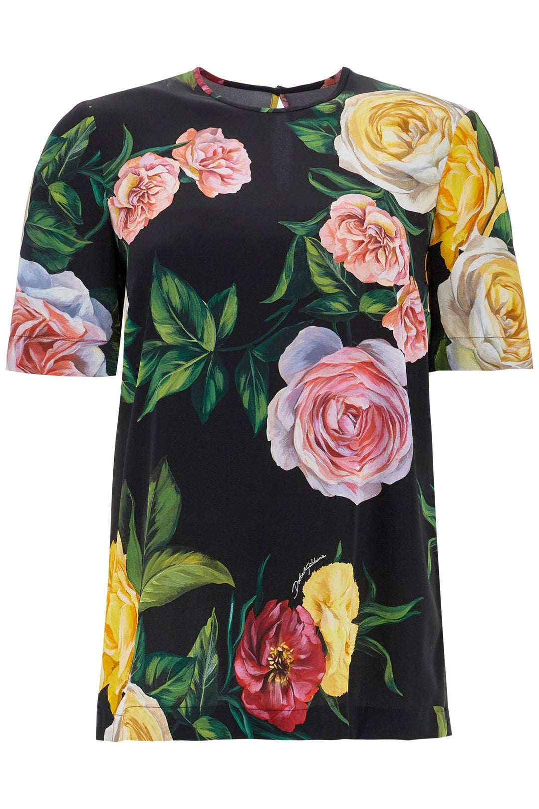 Black Silk T Shirt With Floral Print