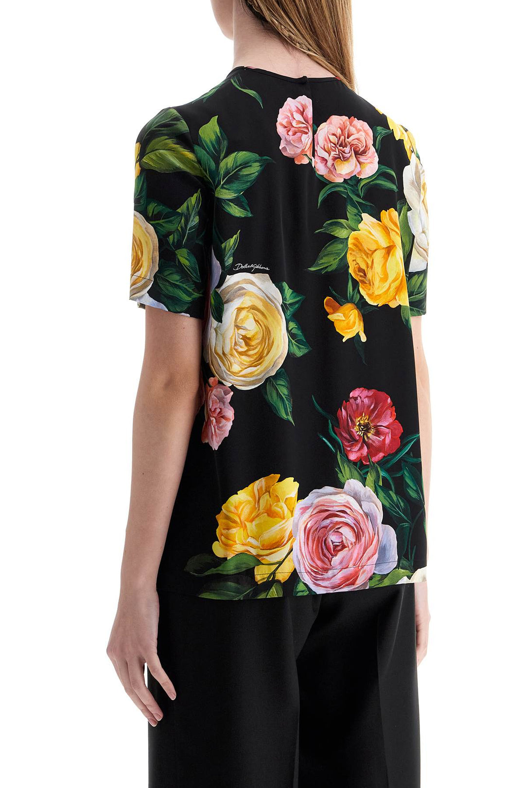 Black Silk T Shirt With Floral Print