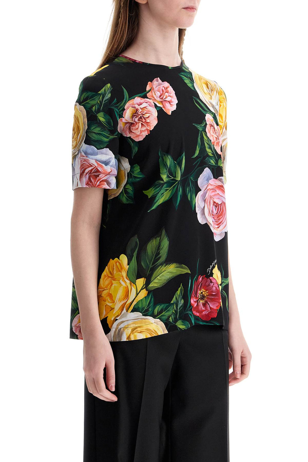 Black Silk T Shirt With Floral Print