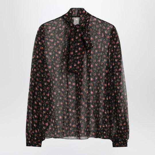 Black Chiffon Blouse With Small Rose Print