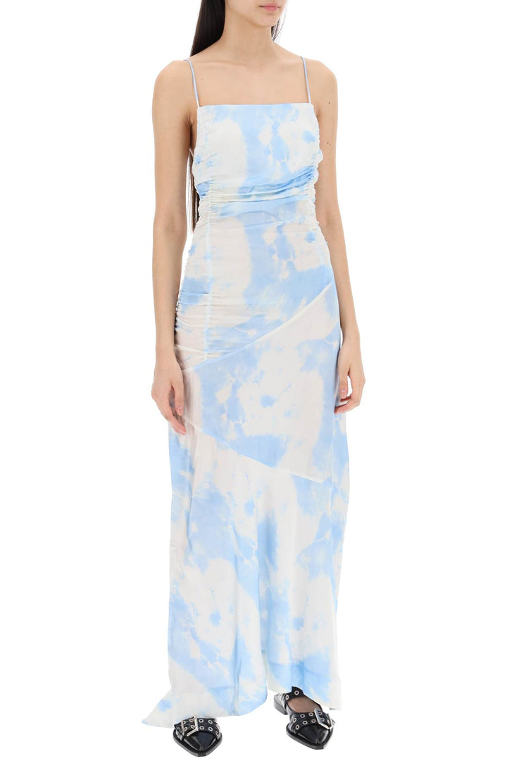 Maxi Abito In Raso Stampato Tie Dye Con Ruches