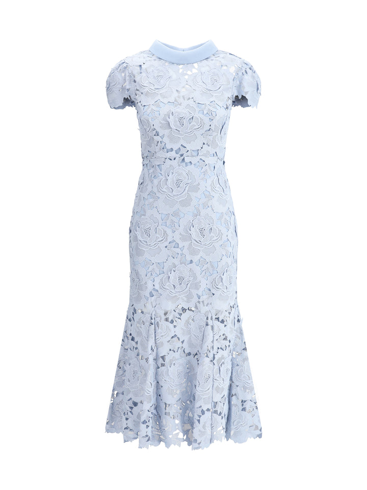 BLUE FLOWER LACE CONTRAST COLLAR MIDI DR