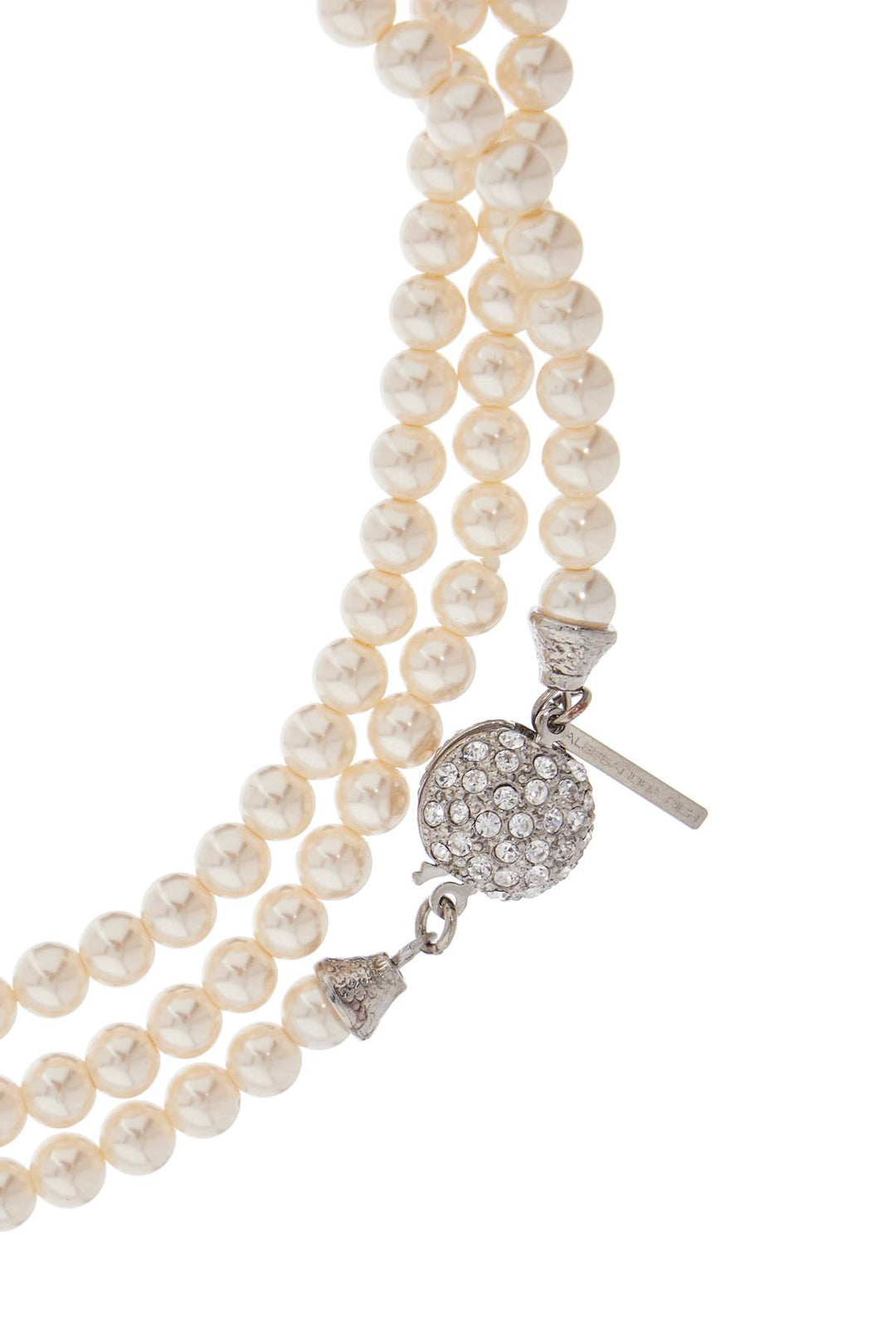 Long 3 Strand Ivory Pearl Necklace With Rhinestones