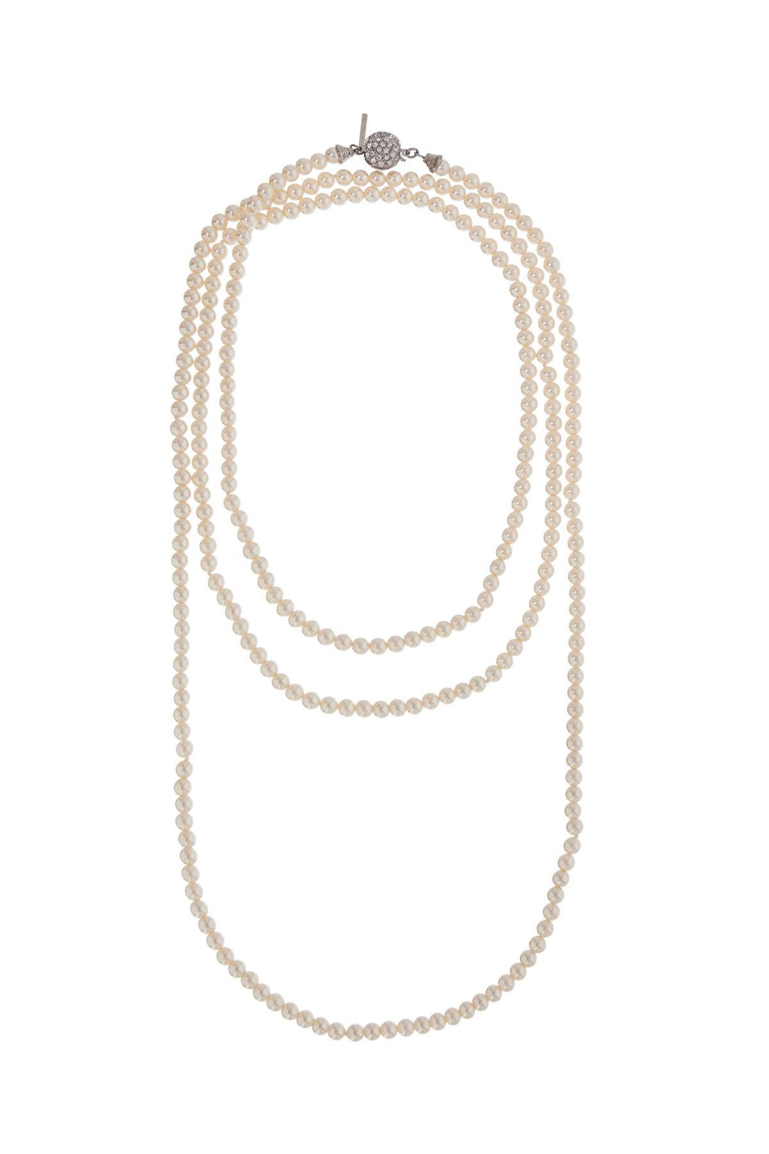 Long 3 Strand Ivory Pearl Necklace With Rhinestones