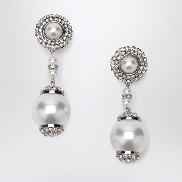 Silver-Tone Clip Earrings With Pearl And Crystal Pendant