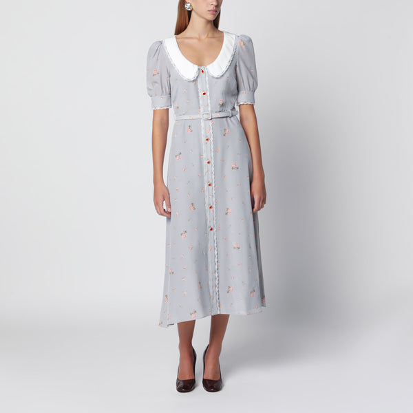 Grey/Pink Floral-Print Silk Midi Dress