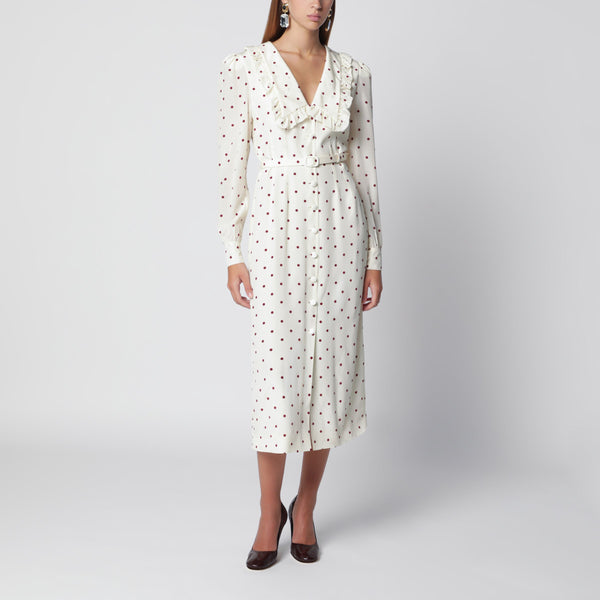 Cream Silk Midi Dress With Burgundy Polka Dots