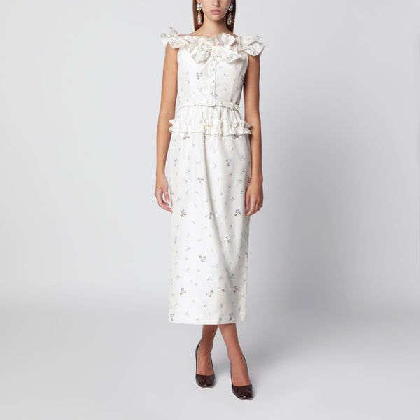 White Silk Midi Dress With Floral Pattern