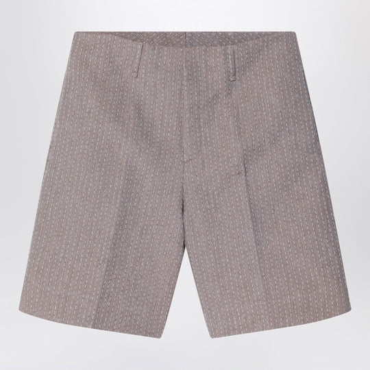 Beige Jacquard Bermuda Shorts With Topstitching