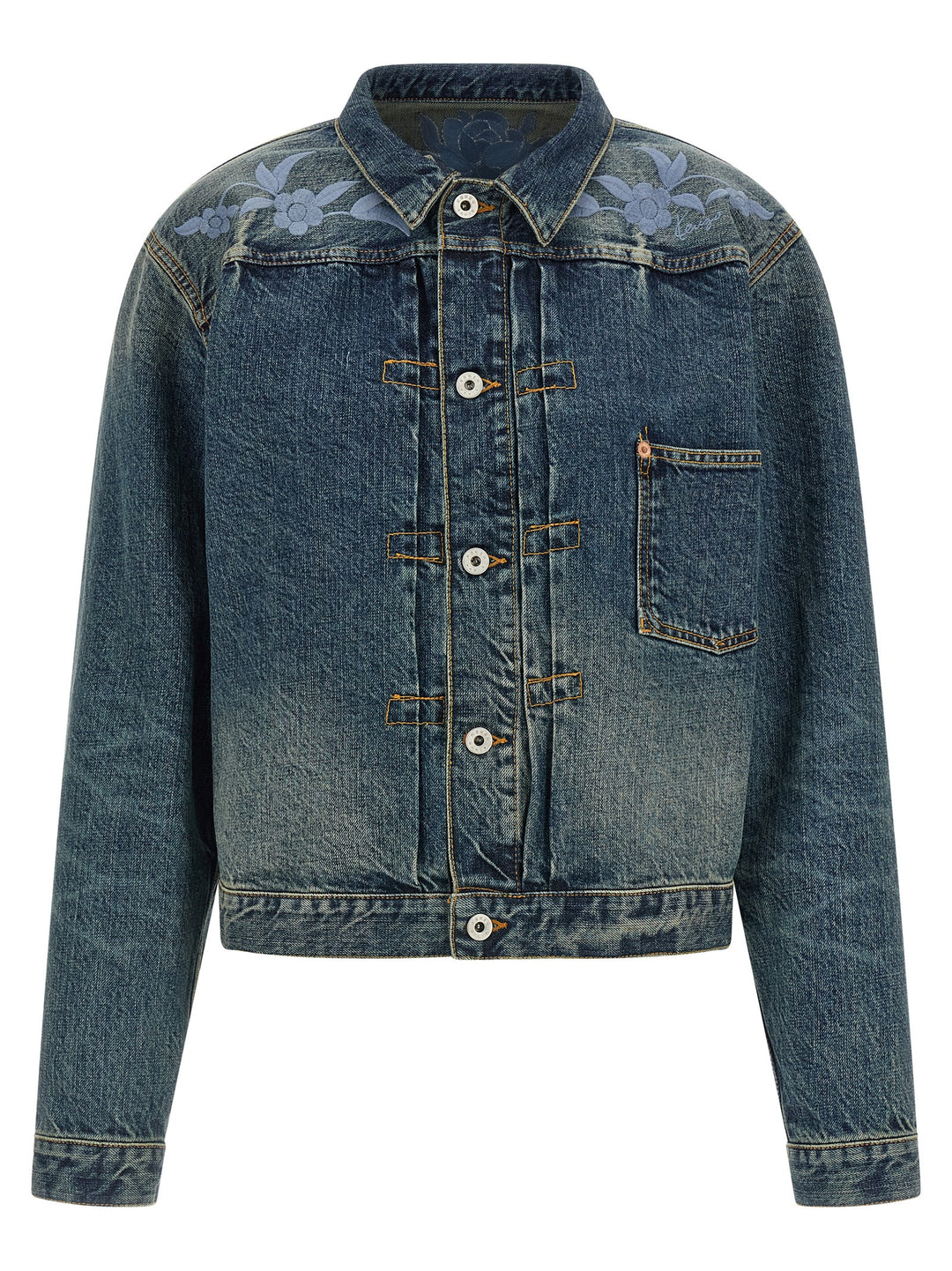 Kenzo Floral Embroidery Denim Jacket Puffer Jackets - Blue | 94166ac58b96c184ebf647f9175d33335bf67eff