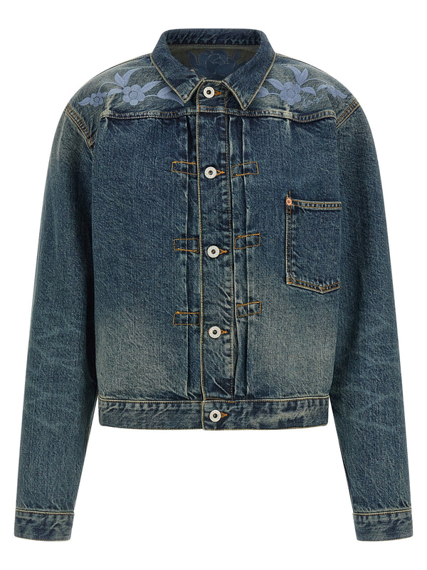 Floral Embroidery Denim Jacket Blue