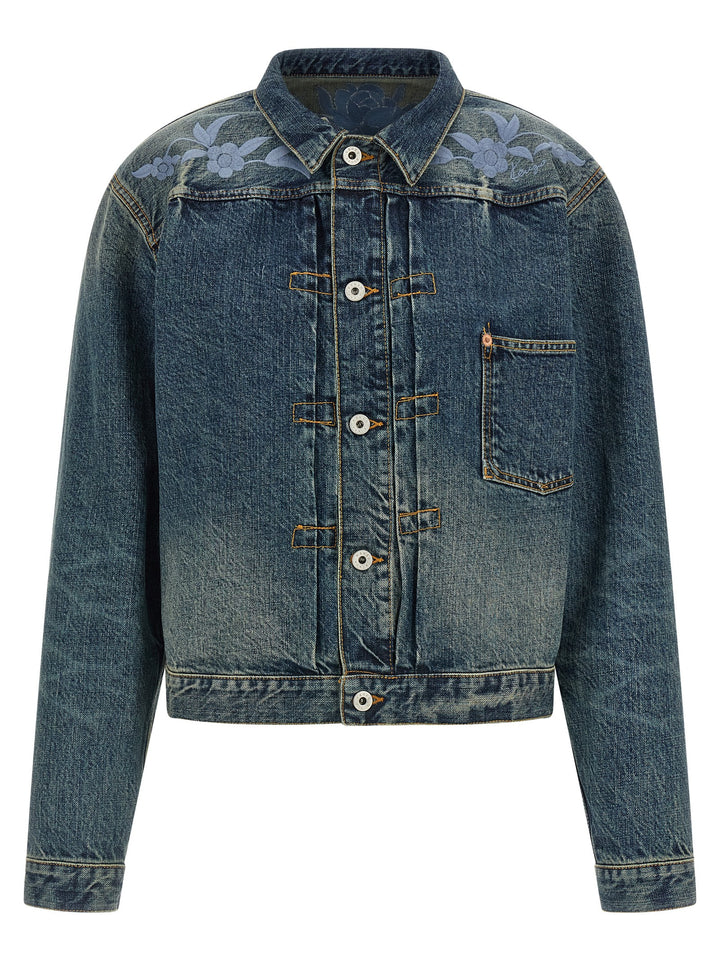 Kenzo Floral Embroidery Denim Jacket Puffer Jackets - Blue | 94166ac58b96c184ebf647f9175d33335bf67eff