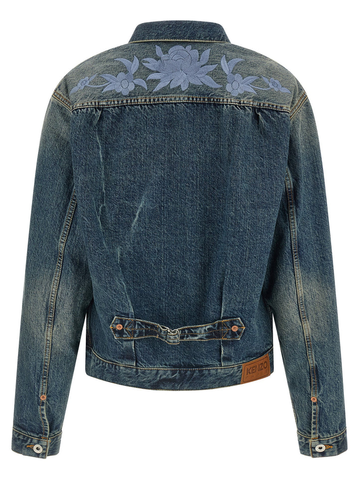 Kenzo Floral Embroidery Denim Jacket Puffer Jackets - Blue | 6cc8f6bf0128a5a4ba78d0e85edafa668d8ef5b1
