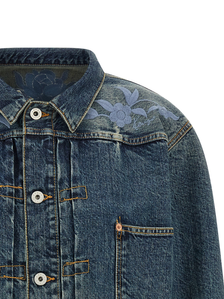 Kenzo Floral Embroidery Denim Jacket Puffer Jackets - Blue | 7b7ff98cf9cb30deb787e2f51fc85d139c9e42e9