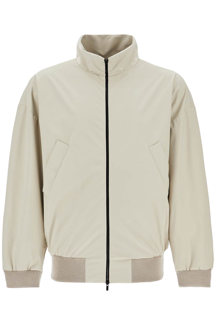 Beige Nylon And Polyester Jacket With High Collar And Zip