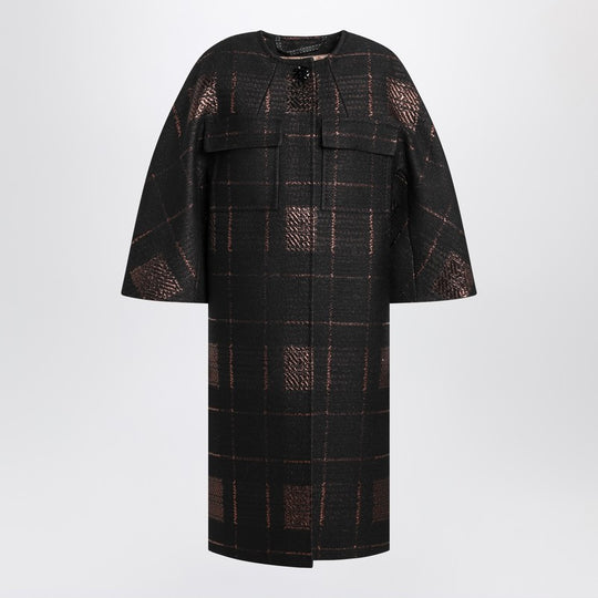 Black Cocoon Coat In Jacquard Lamé