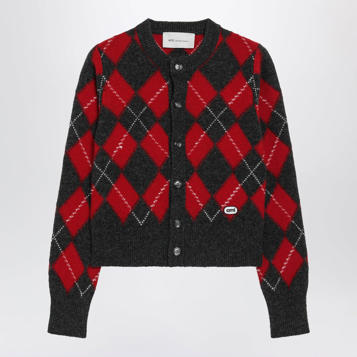 Ami Paris Red/Grey Argyle-Pattern Cardigan In Wool